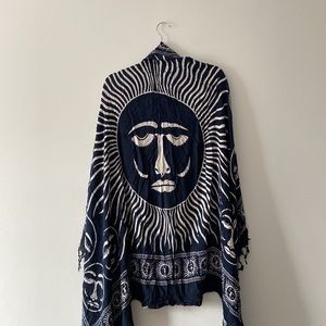 Celestial Tassel Sun Moon Navy Swim Beach Resort Wrap Cover Up Sarong Size Small